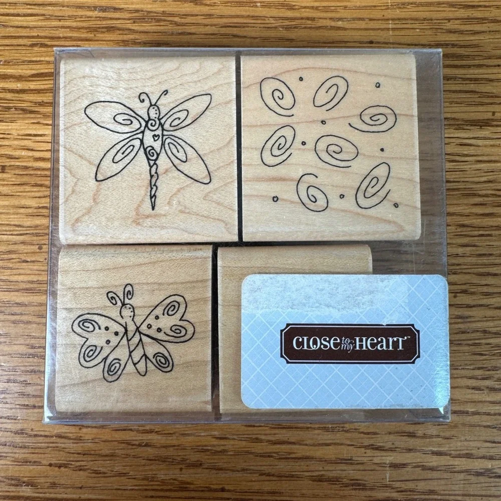 Close To My Heart Wood Mounted Rubber Stamps Set Butterfly Dragonfly Bee Swirls‎